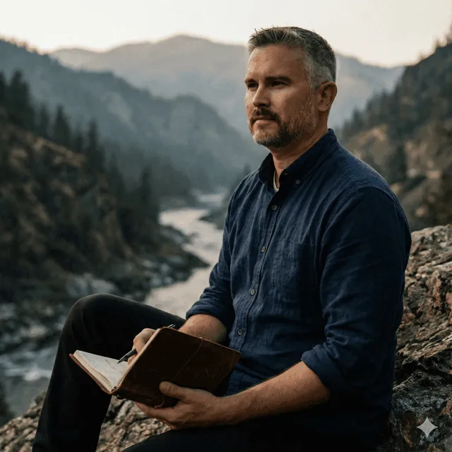Keith Doyle sitting above a river canyon with a notebook