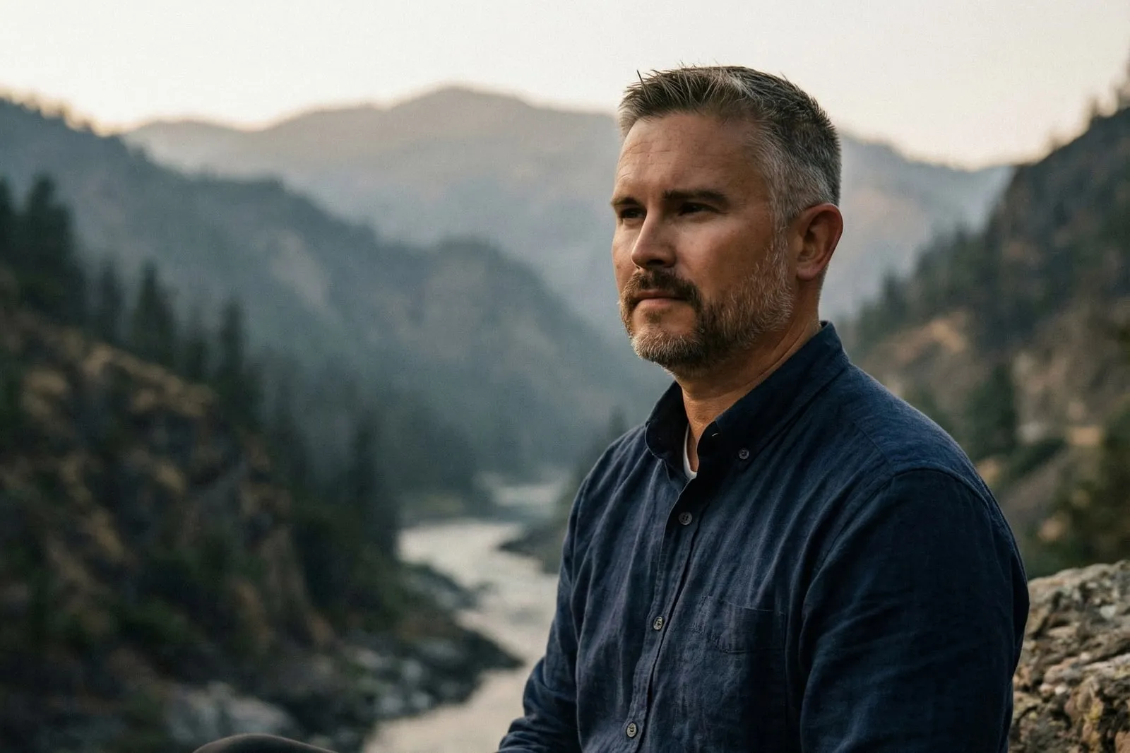 Keith Doyle looking out over a river canyon at dusk
